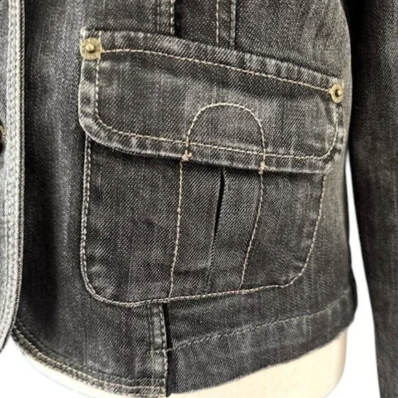 DKNY Jeans Women's Black Cropped Denim Military Style Jacket Stretch Faded L EUC - Picture 5 of 16